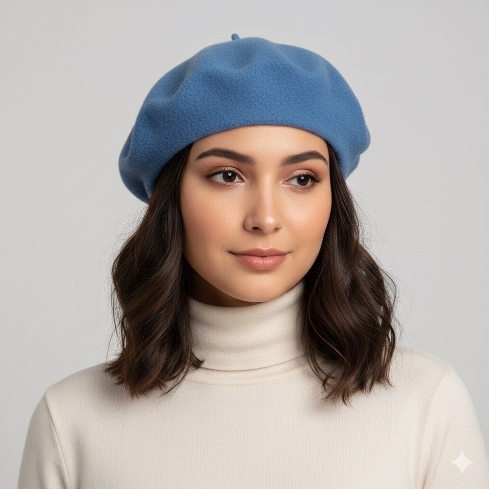 Beautiful Denim Blue Wool Beret - O/S, Unisex